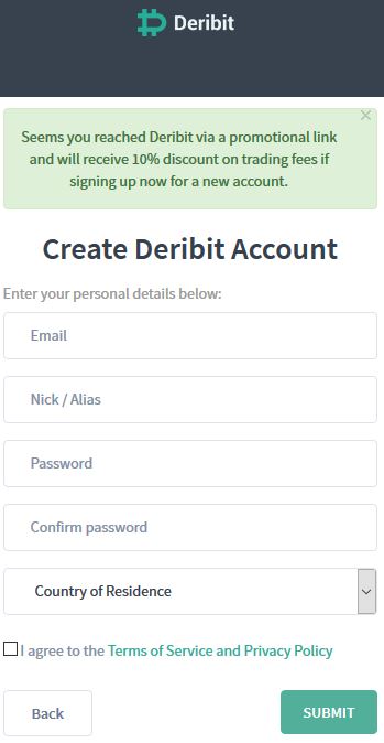 deribit affiliate Sign Up Page